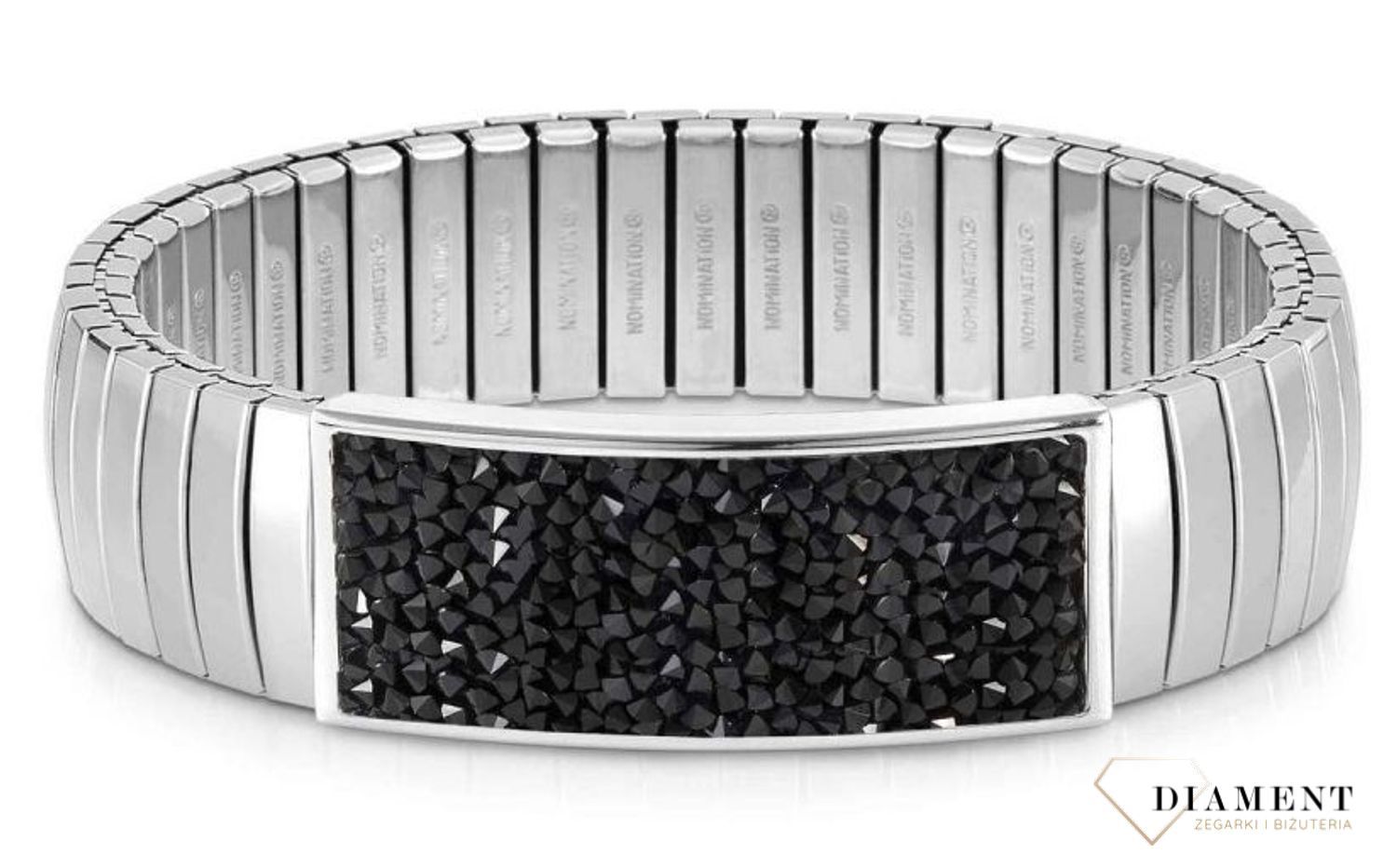 Bransoletka Nomination Italy z kolekcji Extension Glitter. Elastyczna bransoletka wykonana ze stali szlachetnej, zdobiona sypanymi, błyszczącymi czarnymi kryształkami..jpg